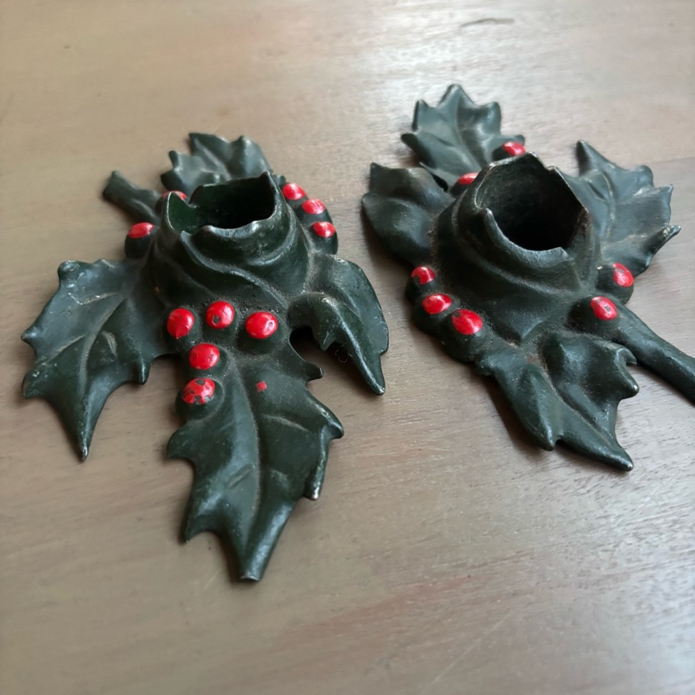 Antique Christmas LVL Candlestick Holders-Set of 2 Cast Iron Holly Leaf Berries